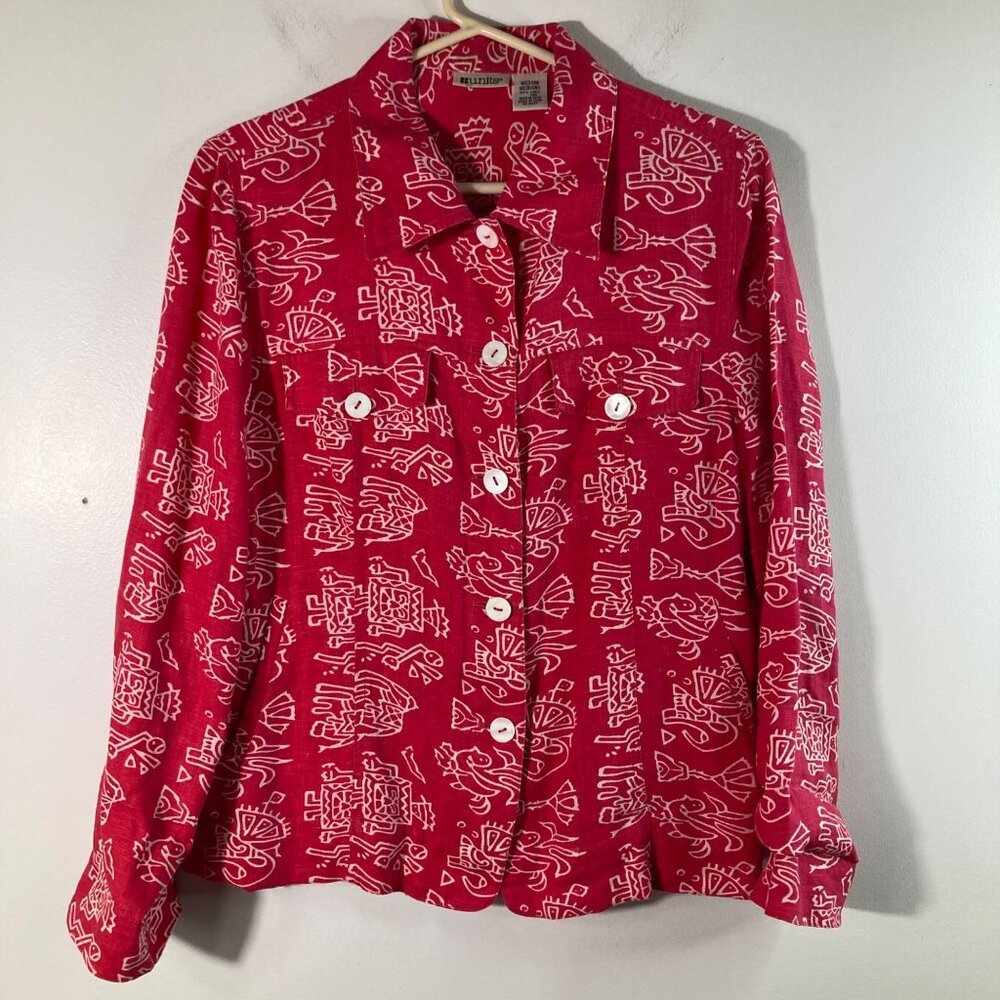 Womens Units Tribal Linen Button‎ Shirt Jacket Red White M Linen